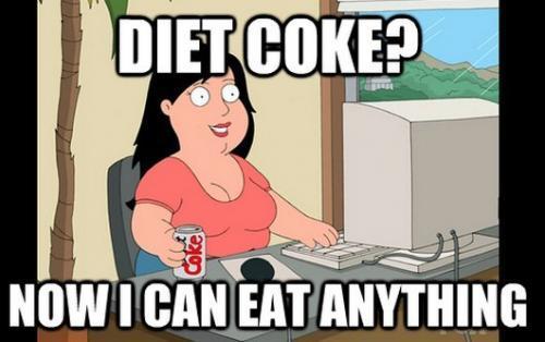 A cartoon character is drink diet coke and working on computer - fitness memes