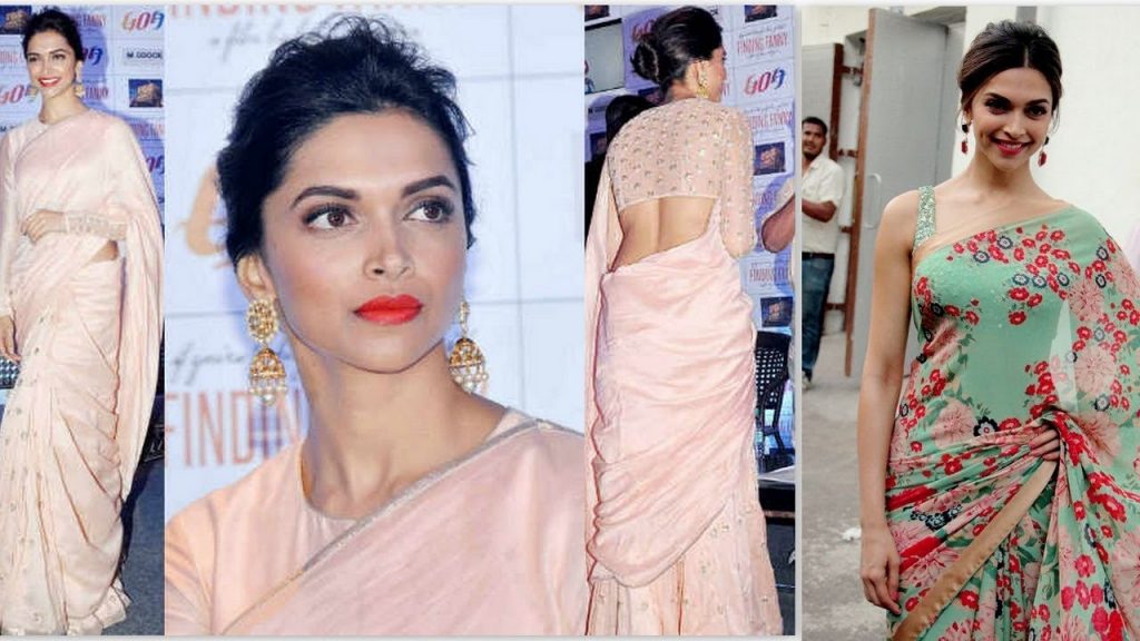 Açık pembe sari ve Saree görünümlü saç modeli Deepika Padukone - Deepika Padukone Popular Hairstyles