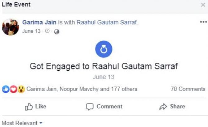 Garima Jain announced on social media