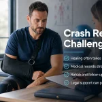 Man with his arm in a sling reviewing recovery paperwork with a therapist after a car accident