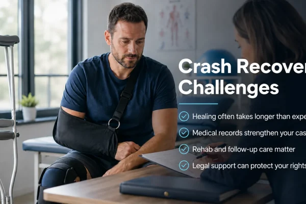 Man with his arm in a sling reviewing recovery paperwork with a therapist after a car accident