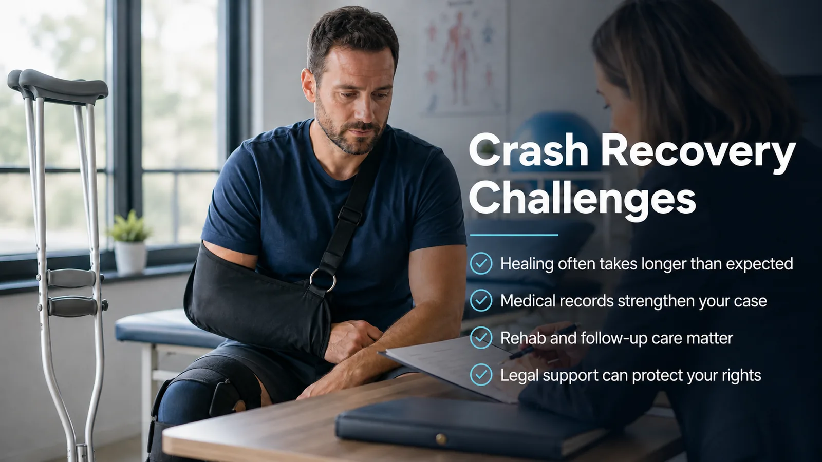 Man with his arm in a sling reviewing recovery paperwork with a therapist after a car accident
