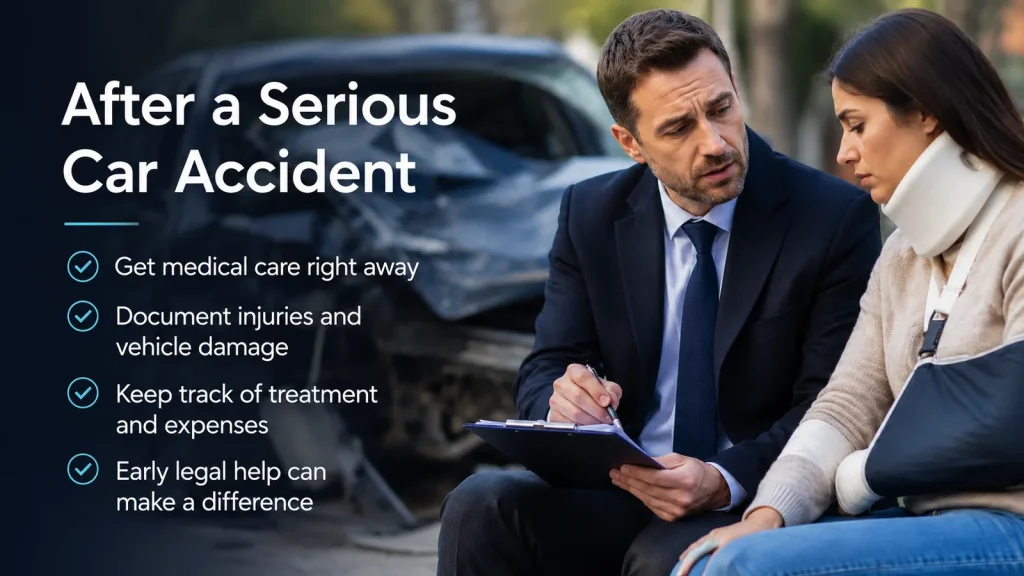 Car Accident Injuries and Recovery Challenges for Drivers and Passengers 2 Lawyer helping an injured woman in a neck brace document her injuries after a serious car accident