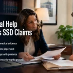Disability lawyer reviewing Social Security claim paperwork with a client