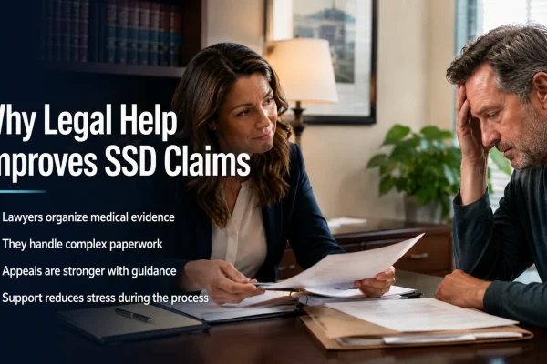 Disability lawyer reviewing Social Security claim paperwork with a client