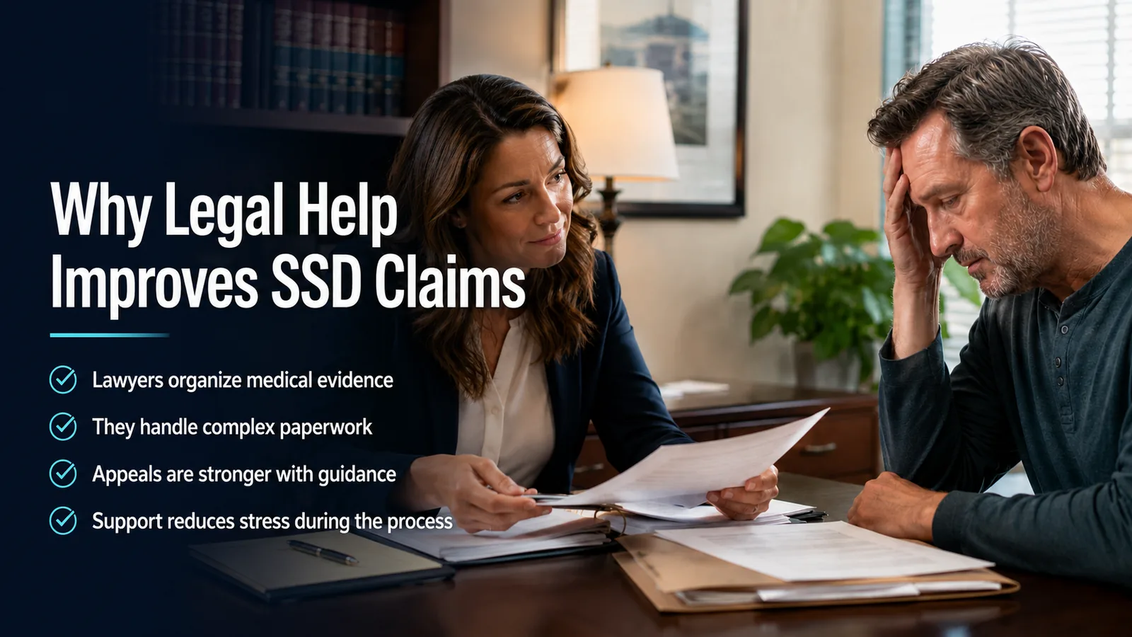 Disability lawyer reviewing Social Security claim paperwork with a client
