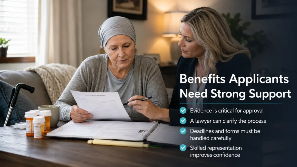 How a Social Security Disability Lawyer Helps Seriously Ill Applicants 2 Lawyer helping a seriously ill woman prepare her Social Security disability benefits application