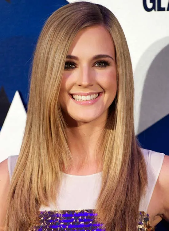 Smiling woman in white an blue cut sleeves dress and Blonde Edgy Hairstyle Smiling woman in white an blue cut sleeves dress and Blonde Edgy Hairstyle - haircuts for long straight hair