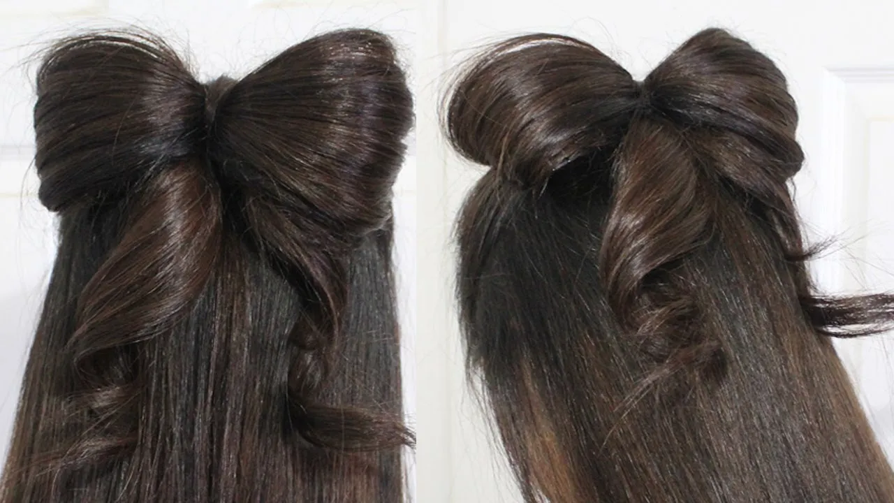 Woman showing the back view of her Half Up Bow hairstyle Woman showing the back view of her Half Up Bow hairstyle - hair cut for girls