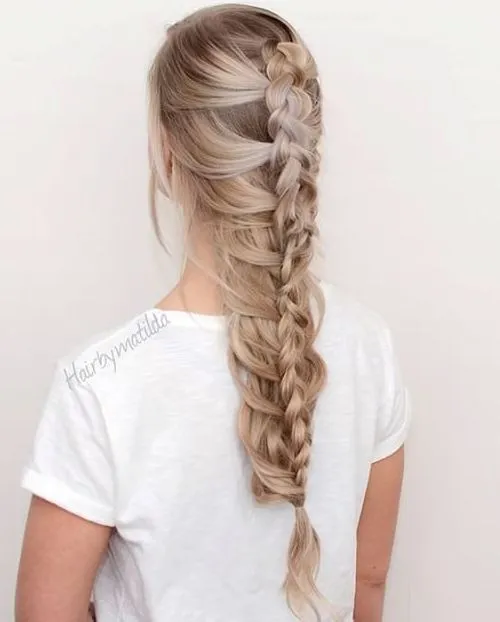 A girl in white t-shirt showing the back view of het Mermaid Braid A girl in white t-shirt showing the back view of het Mermaid Braid - hairstyles for long hair