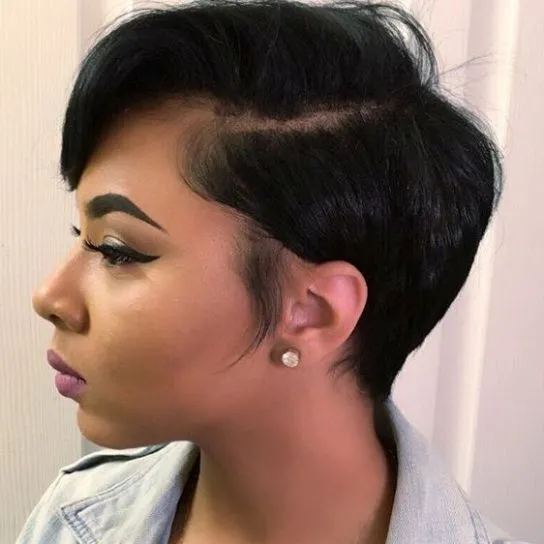 Woman in sky blue denim jacket with Side Parted Pixie Hairstyle - simple hairstyles for thin hair
