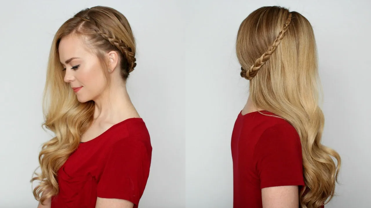 A woman in red dress showing the both sides of Side-Swept Dutch Braid hairstyles A woman in red dress showing the both sides of Side-Swept Dutch Braid hairstyles - hairstyles for girls with medium hair