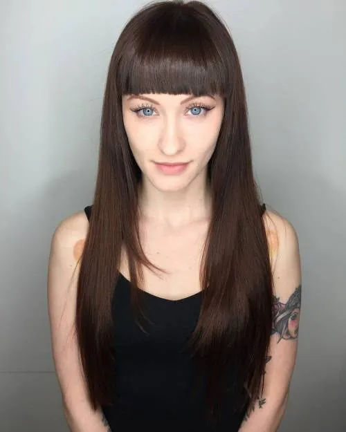 Woman in black cut sleeves top and Straight Bangs Straight Hairstyle Woman in black cut sleeves top and Straight Bangs Straight Hairstyle - hairstyles for straight long hair