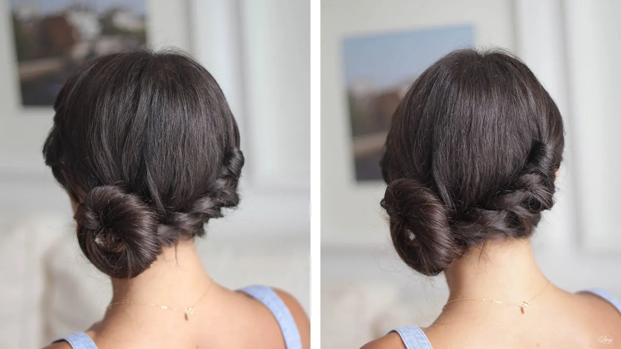 A girl in blue strappy dress showing the back view of her Twisted Side Bun  A girl in blue strappy dress showing the back view of her Twisted Side Bun - Bun hairstyles
