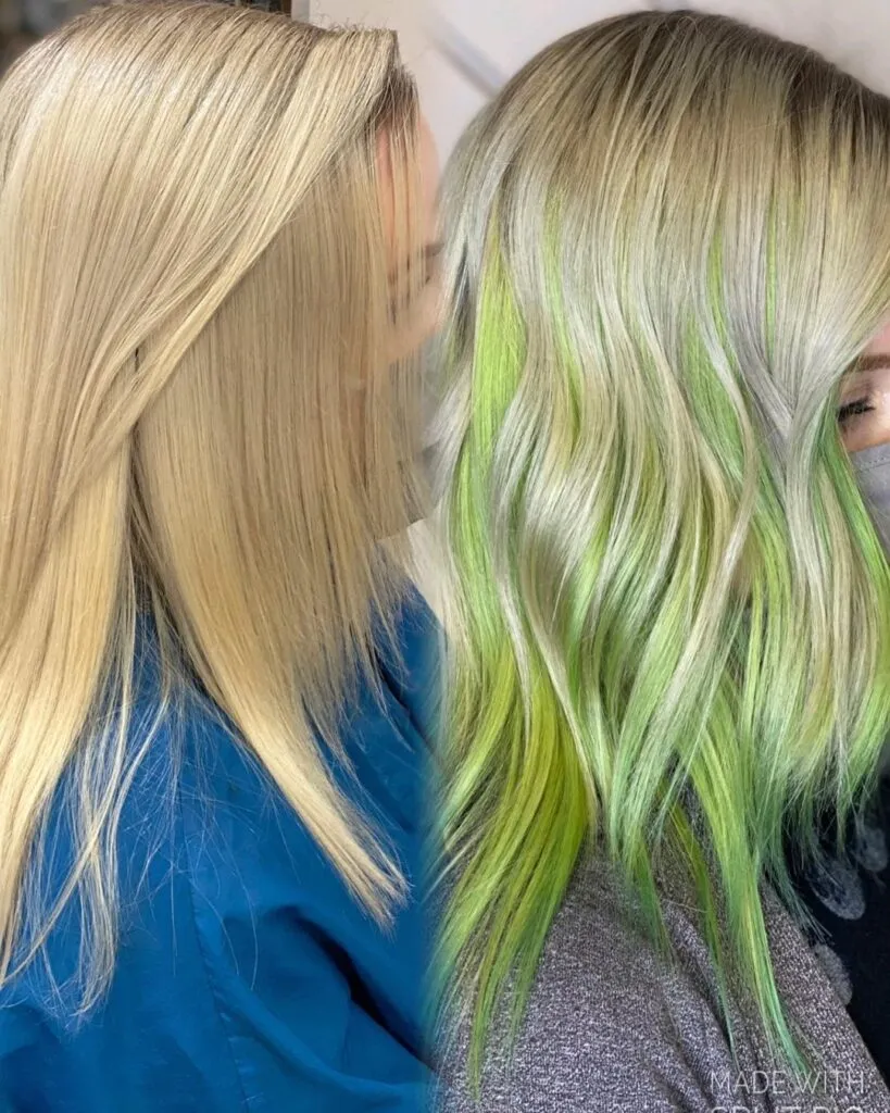 Girl is showing side view of her Lime Green Hair color with side pose Girl is showing side view of her Lime Green Hair color with side pose - hair color for women