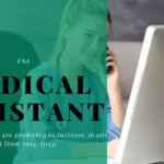 Medical assistant is talking on the phone, have white screen desktop and sitting on chair. Infographic has data.