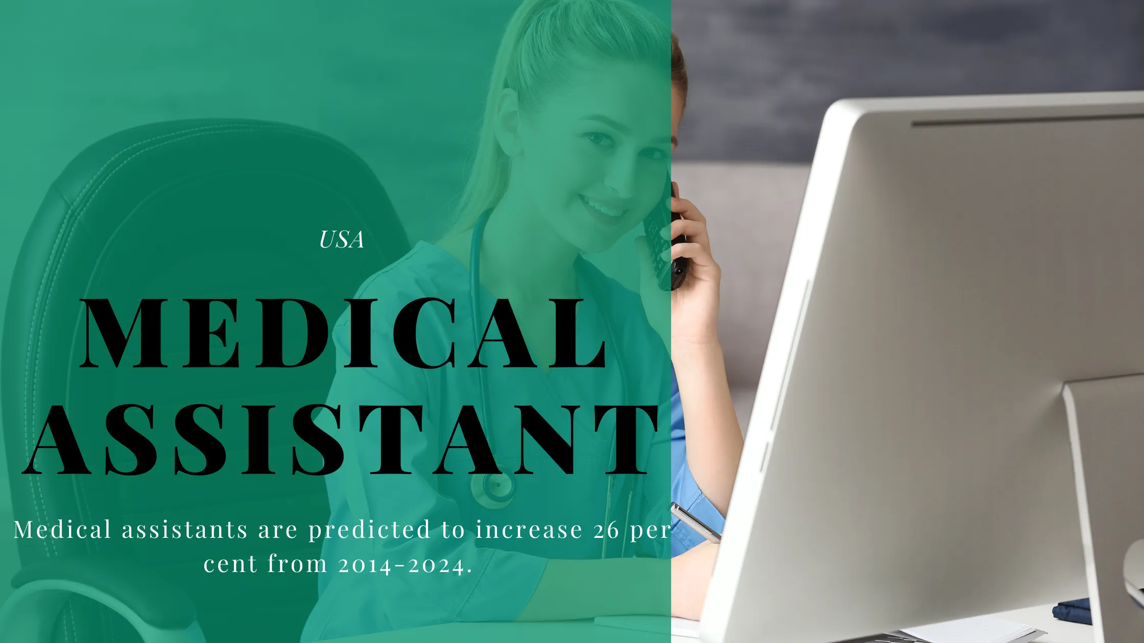 The Power of Teamwork in Medical Practices 1 Medical assistant is talking on the phone, have white screen desktop and sitting on chair. Infographic has data.