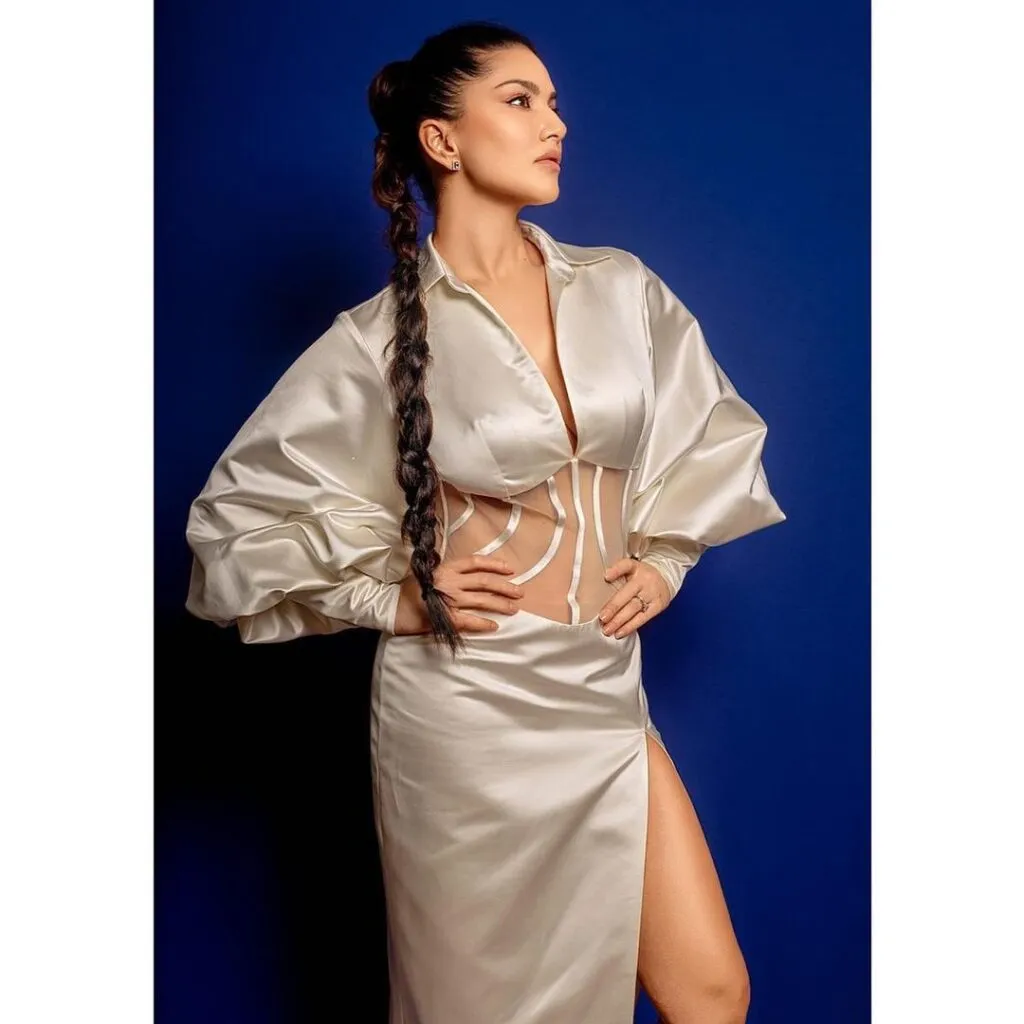 Sunny Leone in Off-white silk dress and fishtail braid - Sunny Leone hairstyle 2021 