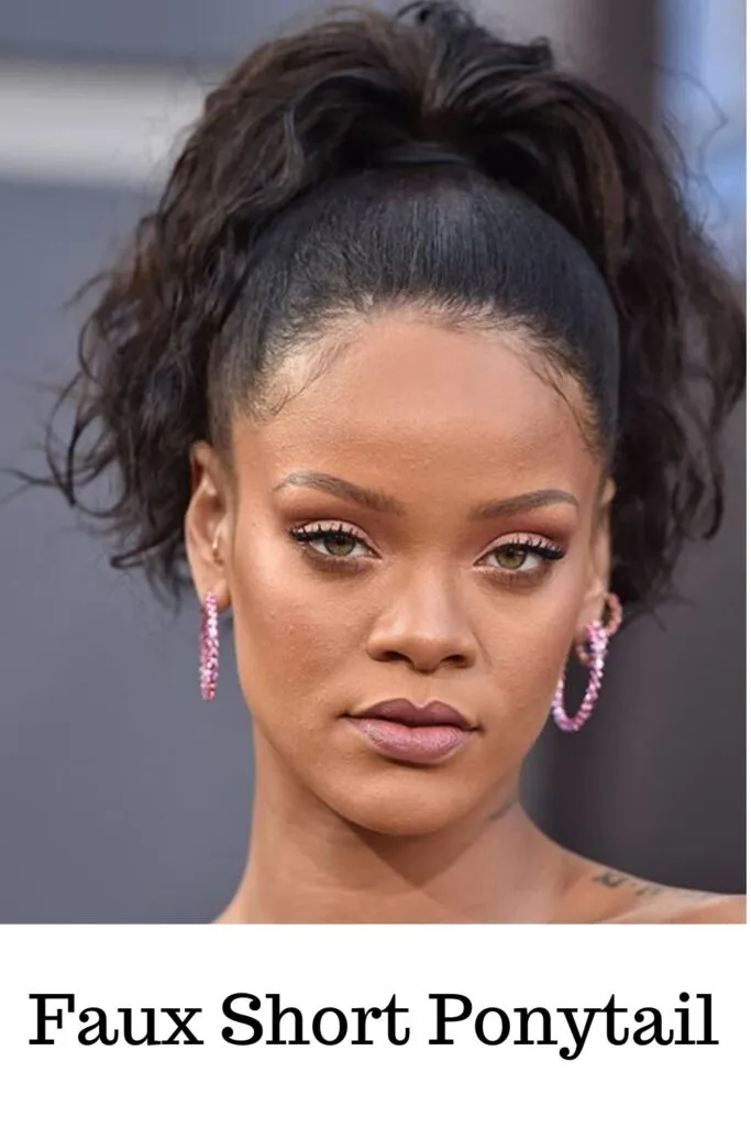 A girl with flat face showing her Faux short ponytail - ponytail hairstyles for kids