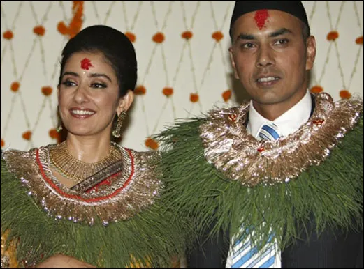 Manisha Koirala and her ex-husband Samrat Dahal smiling and posing in their wedding outfit Manisha Koirala and her ex-husband Samrat Dahal smiling and posing in their wedding outfit - bollywood divorces 2021