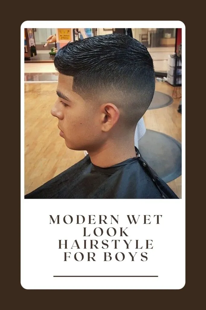 A boy is showing his Modern wet Look Hairstyle for Boys - 14 years old boy haircuts 2021