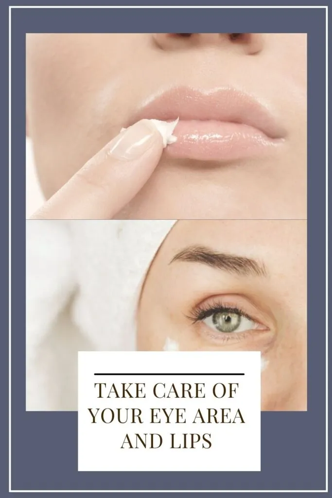 A girl is taking care of her lips and eye area A girl is taking care of her lips and eye area - lip care products