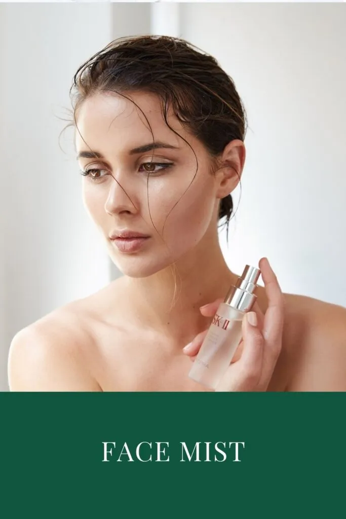 A girl is spraying facial mist on her face A girl is spraying facial mist on her face - night skin care routine steps