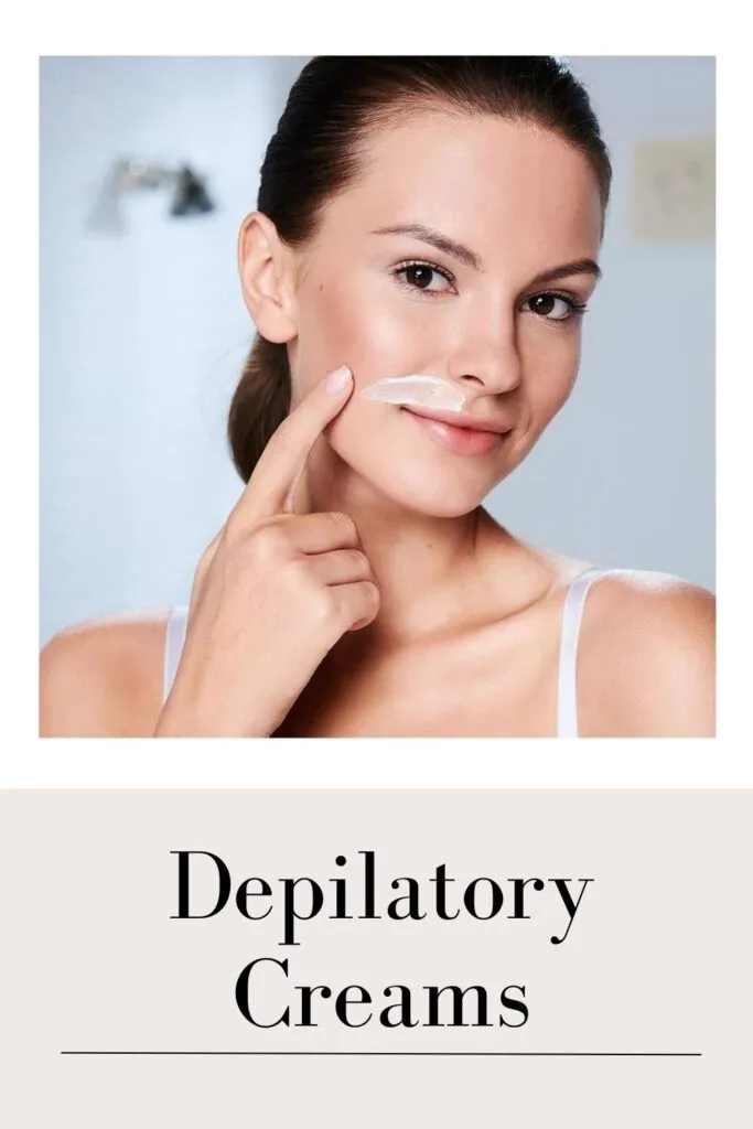 A lady is applying depilatory cream on her face to remove facial hair A lady is applying depilatory cream on her face to remove facial hair - skincare routine