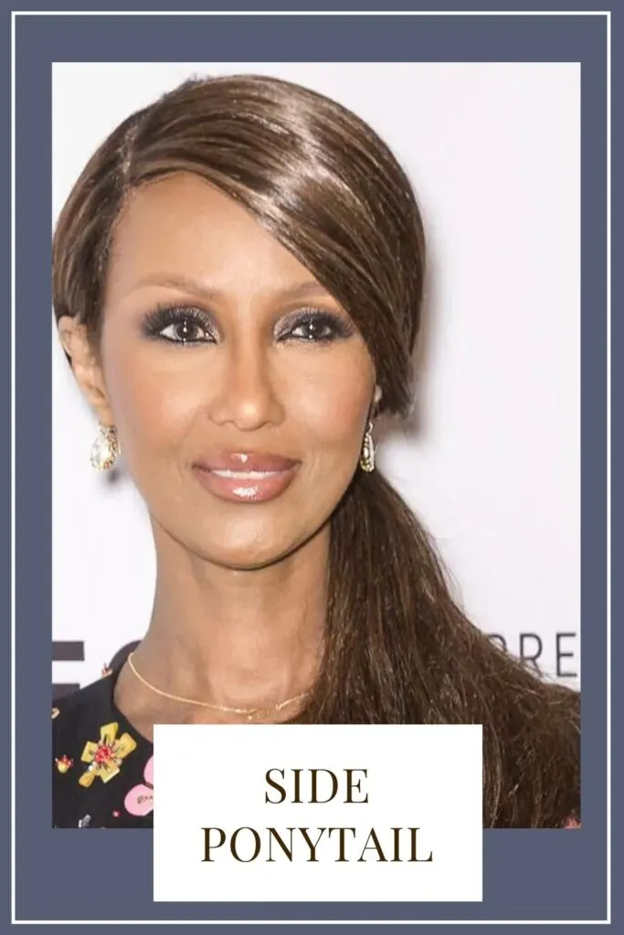 A girl in black floral dress with glittery lipstick showing her Side Ponytail - face shape