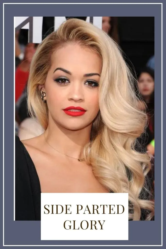 A girl in ash blonde hair and black dress showing her Side parted glory hairstyle - Haircut for Oblong face