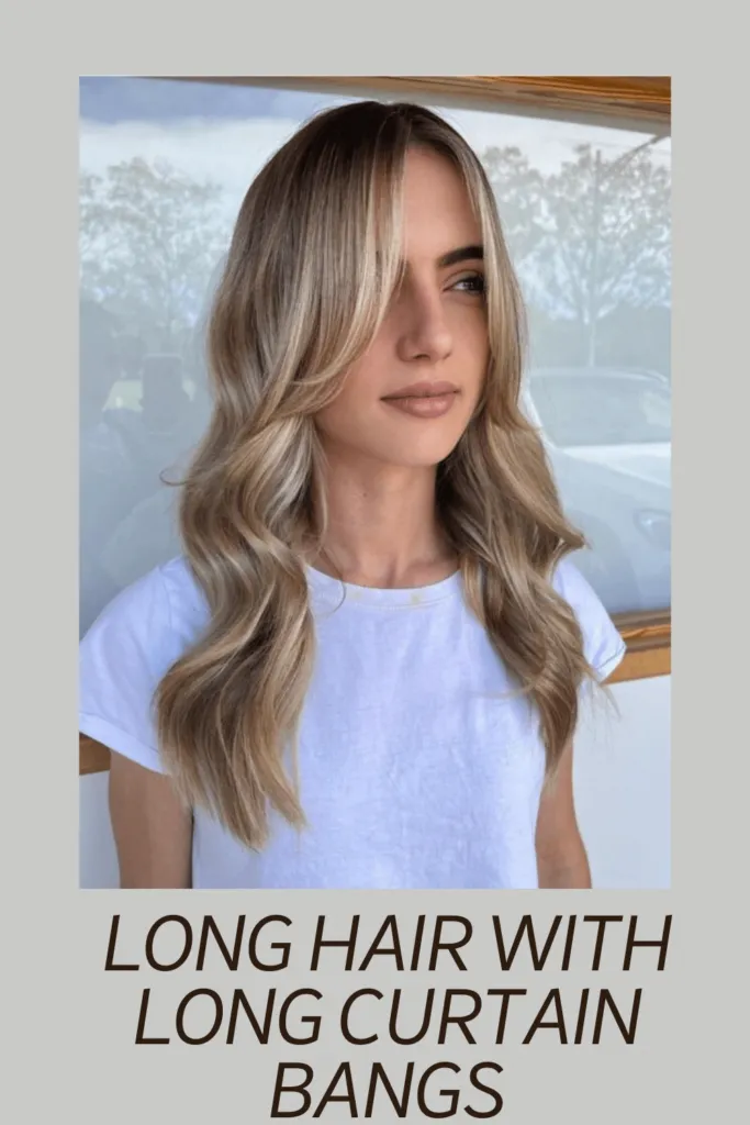 A girl in white top showing her Long Hair with Long Curtain Bangs A girl in white top showing her Long Hair with Long Curtain Bangs - Oval face shape