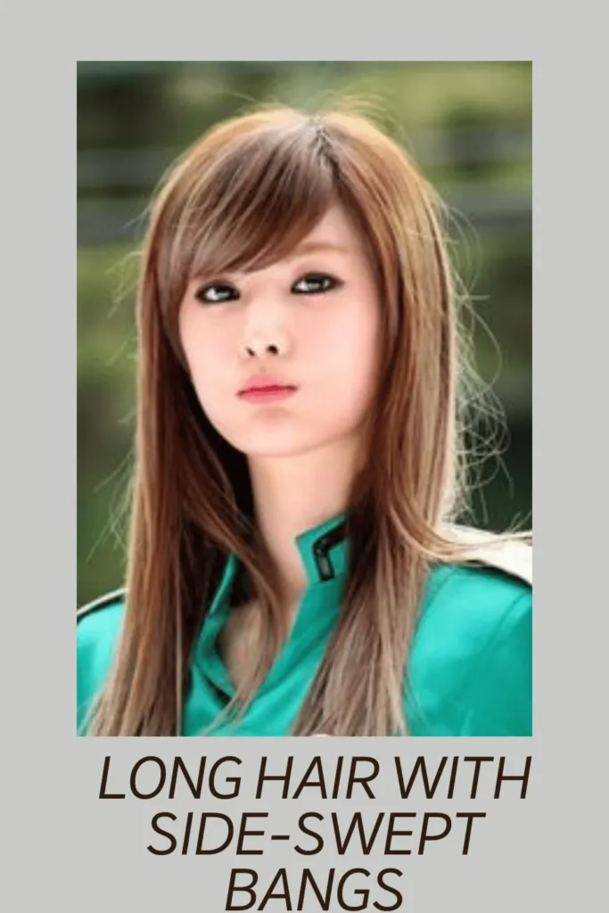 A girl in green dress and Long Hair with Side-Swept Bangs hairstyle A girl in green dress and Long Hair with Side-Swept Bangs hairstyle - face shape