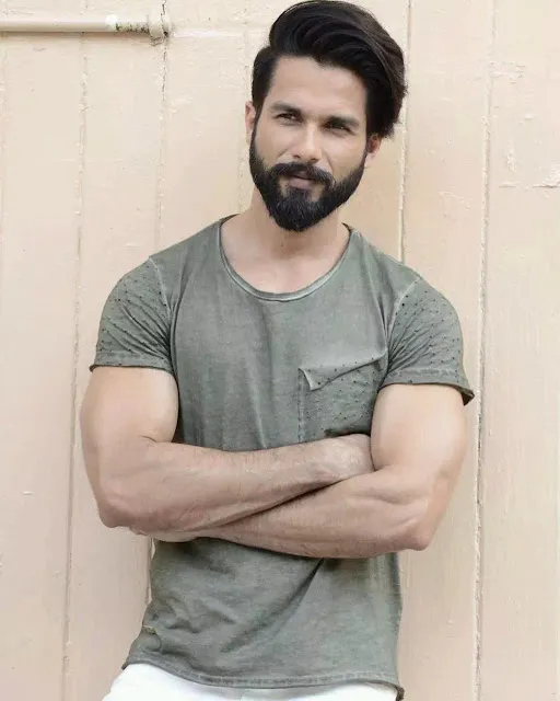 Shahid Kapoor in Grey t-shirt posing for camera and showing his side parted quiff hairstyle - shahid kapoor hairstyles 2022