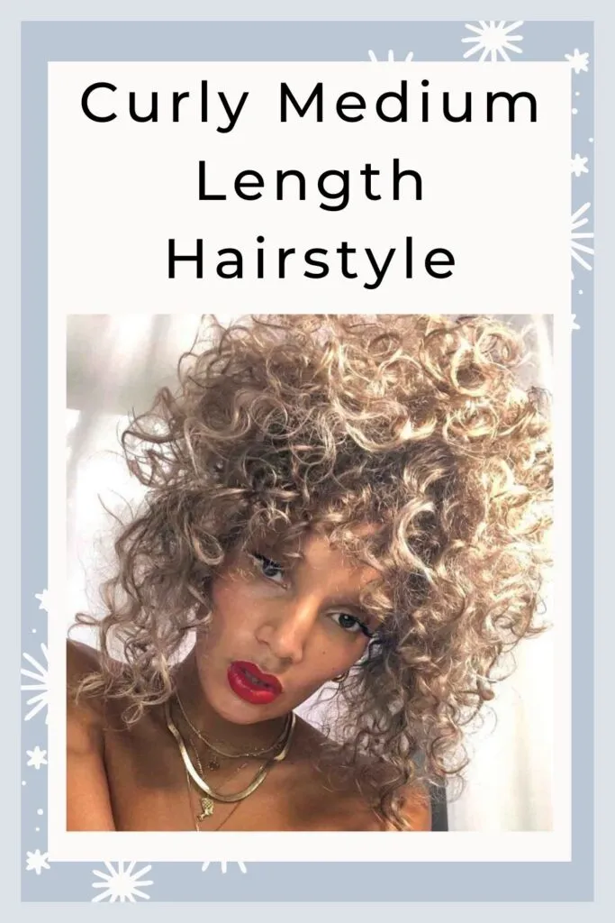 A girl with red lipstick showing her Curly medium length hairstyle A girl with red lipstick showing her Curly medium length hairstyle - Haircut for Diamond Face