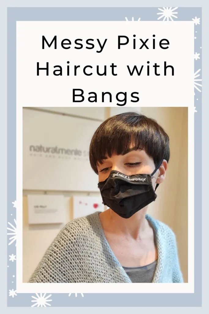 A girl wearing black mask and grey shrug showing her Messy Pixie Haircut with Bangs A girl wearing black mask and grey shrug showing her Messy Pixie Haircut with Bangs - hairstyles for Diamond Face 2022