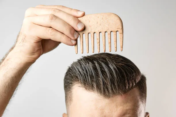 Man brushing his hair with a wooden comb and show how to take care about hair at home Man brushing his hair with a wooden comb and show how to take care about hair at home - comb curly hair men