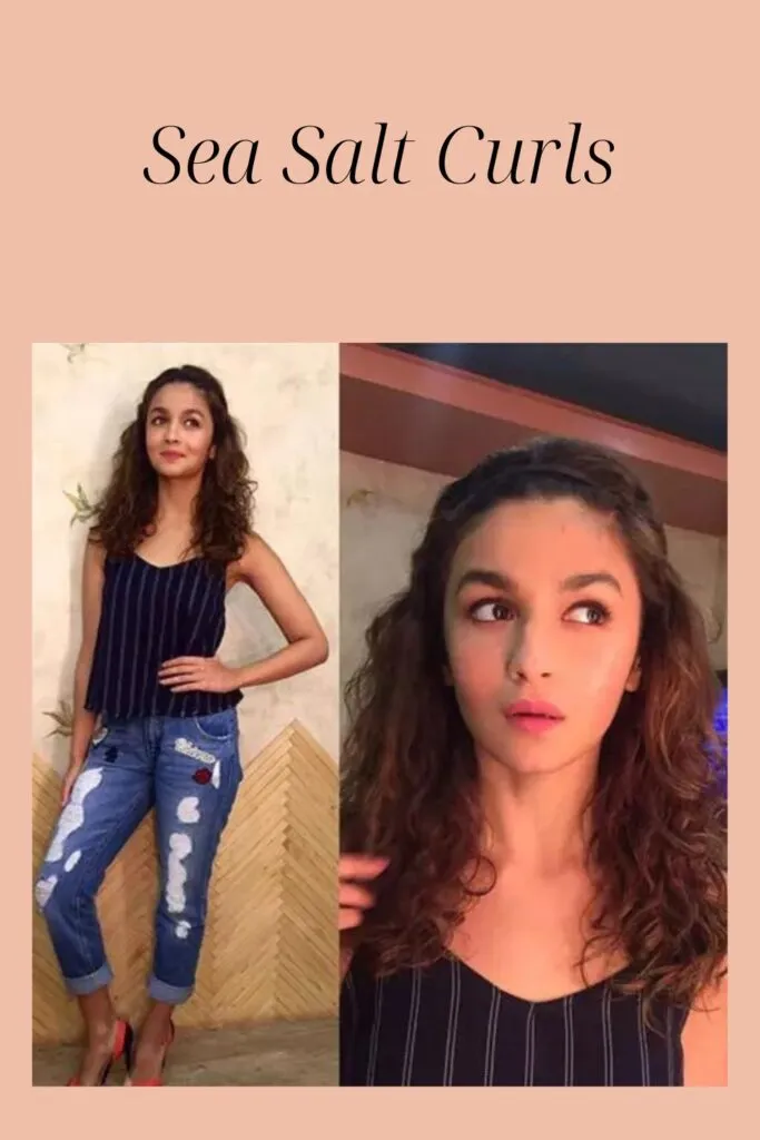 Alia Bhatt in blue ripped jeans with lining blue top showing her sea salt curls Alia Bhatt in blue ripped jeans with lining blue top showing her sea salt curls - 2022 indian hairstyles