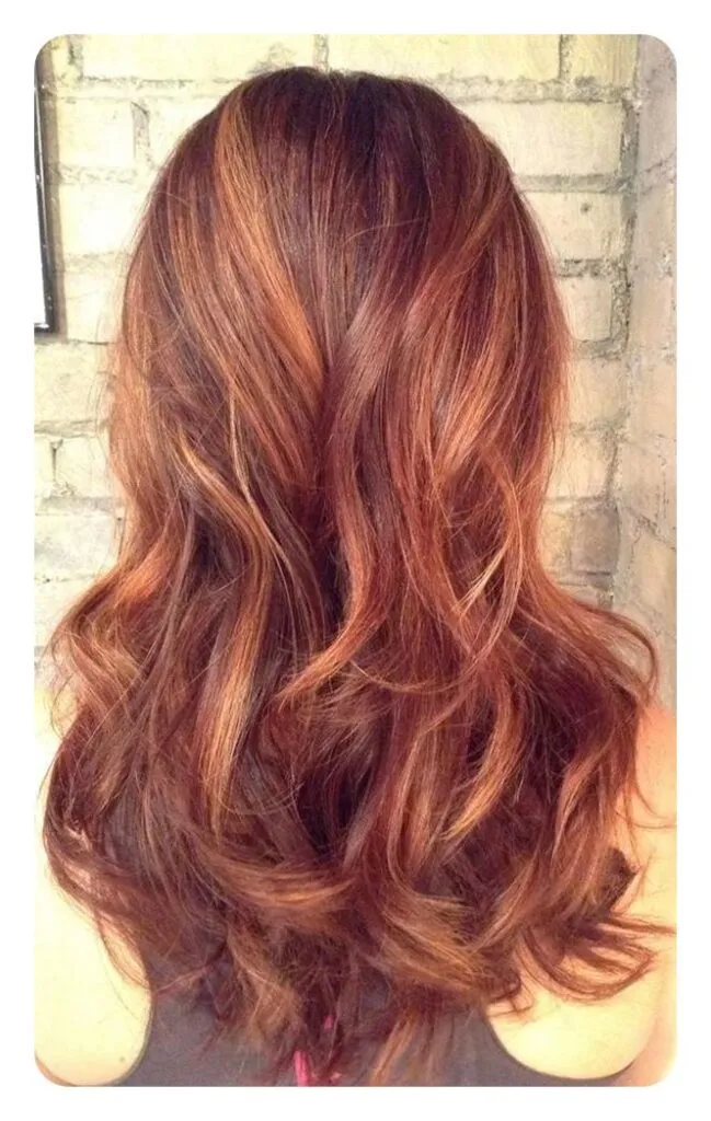 A girl is showing the back view of her red hair with highlights A girl is showing the back view of her red hair with highlights - red hair color ideas