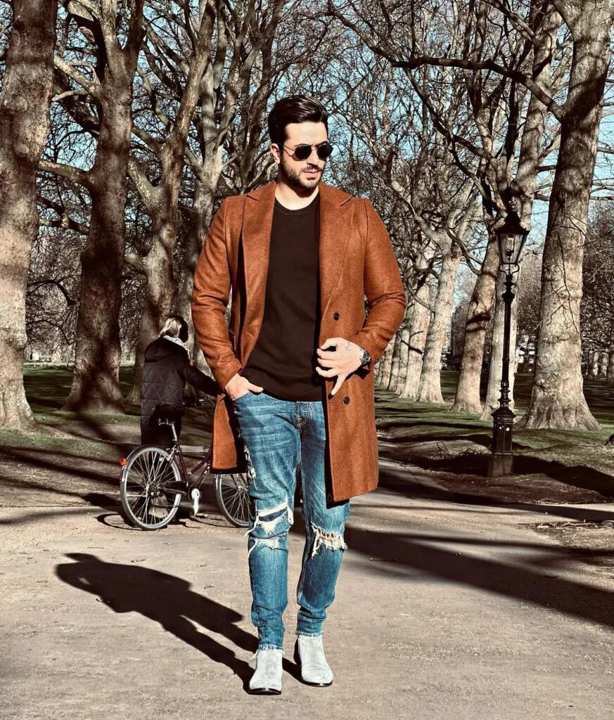 Ali Goni in brown long coat with black t-shirt and blue jeans posing for camera Ali Goni in brown long coat with black t-shirt and blue jeans posing for camera - most handsome tv serial actor in india