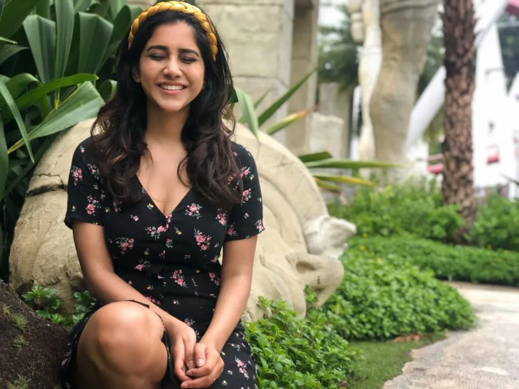 Nabha Natesh in a floral short dress and bandana posing for camera in no makeup look  Nabha Natesh in a floral short dress and bandana posing for camera in no makeup look - south Indian Actresses without Makeup
