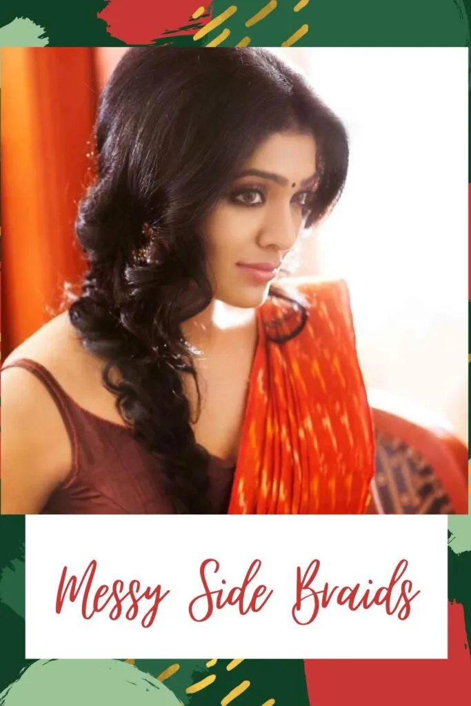 A women in orange saree and brown cut sleeves blouse posing for camera and showing the side view of her messy side braids A women in orange saree and brown cut sleeves blouse posing for camera and showing the side view of her messy side braids - Hairstyles for Indian Women