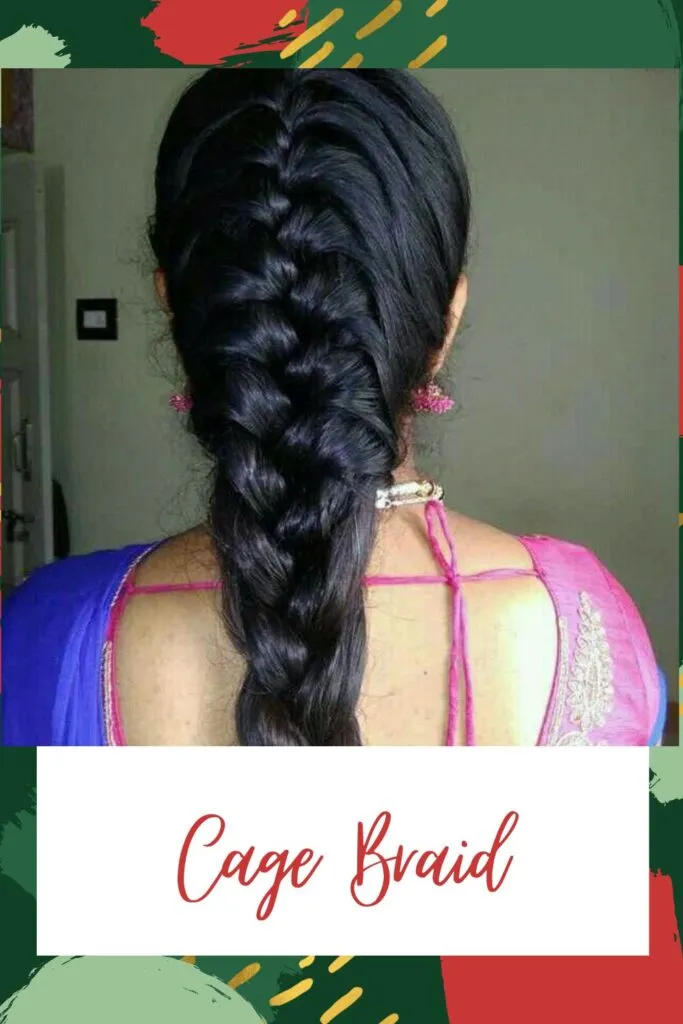 A girl in blue saree with pink blouse shoeing the back view of her Cage Braid A girl in blue saree with pink blouse shoeing the back view of her Cage Braid - Indian hair cut names