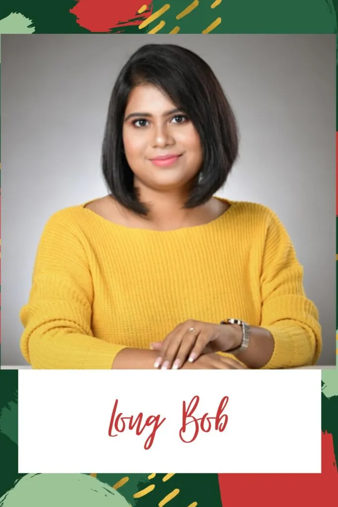 A smiling girl in yellow pullover smiling and showing her long bob hairstyle A smiling girl in yellow pullover smiling and showing her long bob hairstyle - Short hairstyle for Indian Women