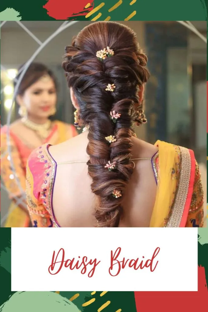 A girl in yellow and pink lehenga with deep neck blouse showing the back view of her daisy braid A girl in yellow and pink lehenga with deep neck blouse showing the back view of her daisy braid - Hairstyles for Indian Women