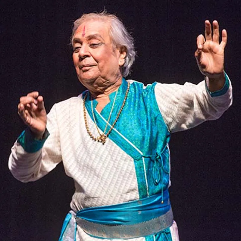 Pandit Birju Maharaj performing on a stage in his traditional outfit  Pandit Birju Maharaj performing on a stage in his traditional outfit - Indian celebrities who died in 2022