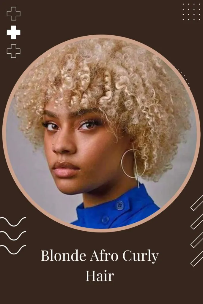 Woman in blue high neck dress with Blonde Afro Curly Hair - short curly hairstyles for women