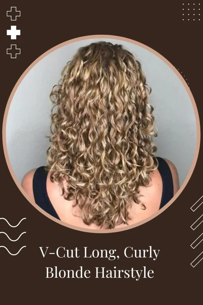 Woman in blue deep neck top showing the back view of her V-Cut Long, Curly Blonde Hairstyle - short curly hairstyles for black women