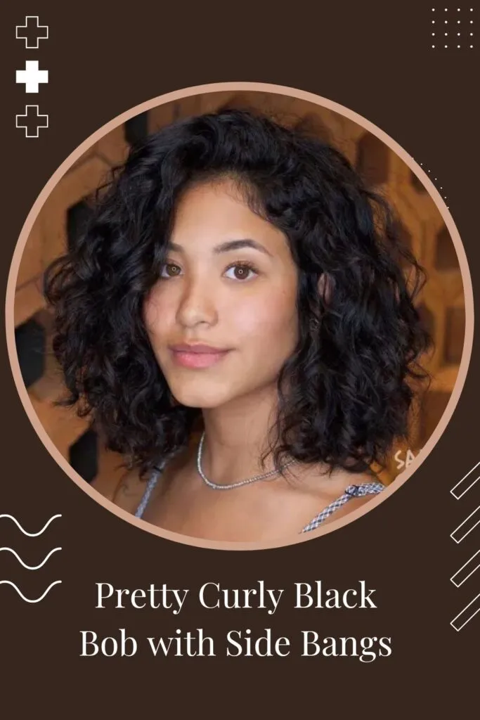 Woman in strappy dress and Pretty Curly Black Bob with Side Bangs hairstyle - short curly hairstyles for women 