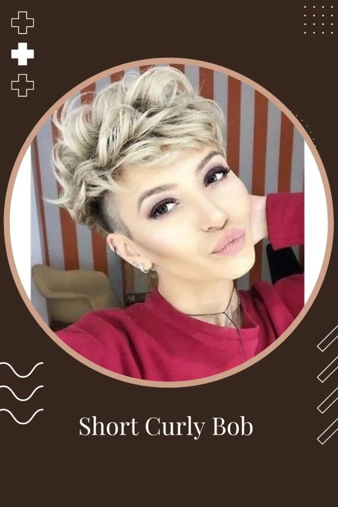 Woman in pink top and Short Curly Bob hairstyle - Short naturally curly haircuts