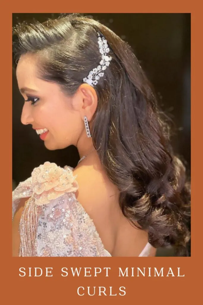 Smiling woman in baby pink sequence dress and Side Swept Minimal Curls hairstyle Smiling woman in baby pink sequence dress and Side Swept Minimal Curls hairstyle - lehenga curly hairstyles for indian wedding